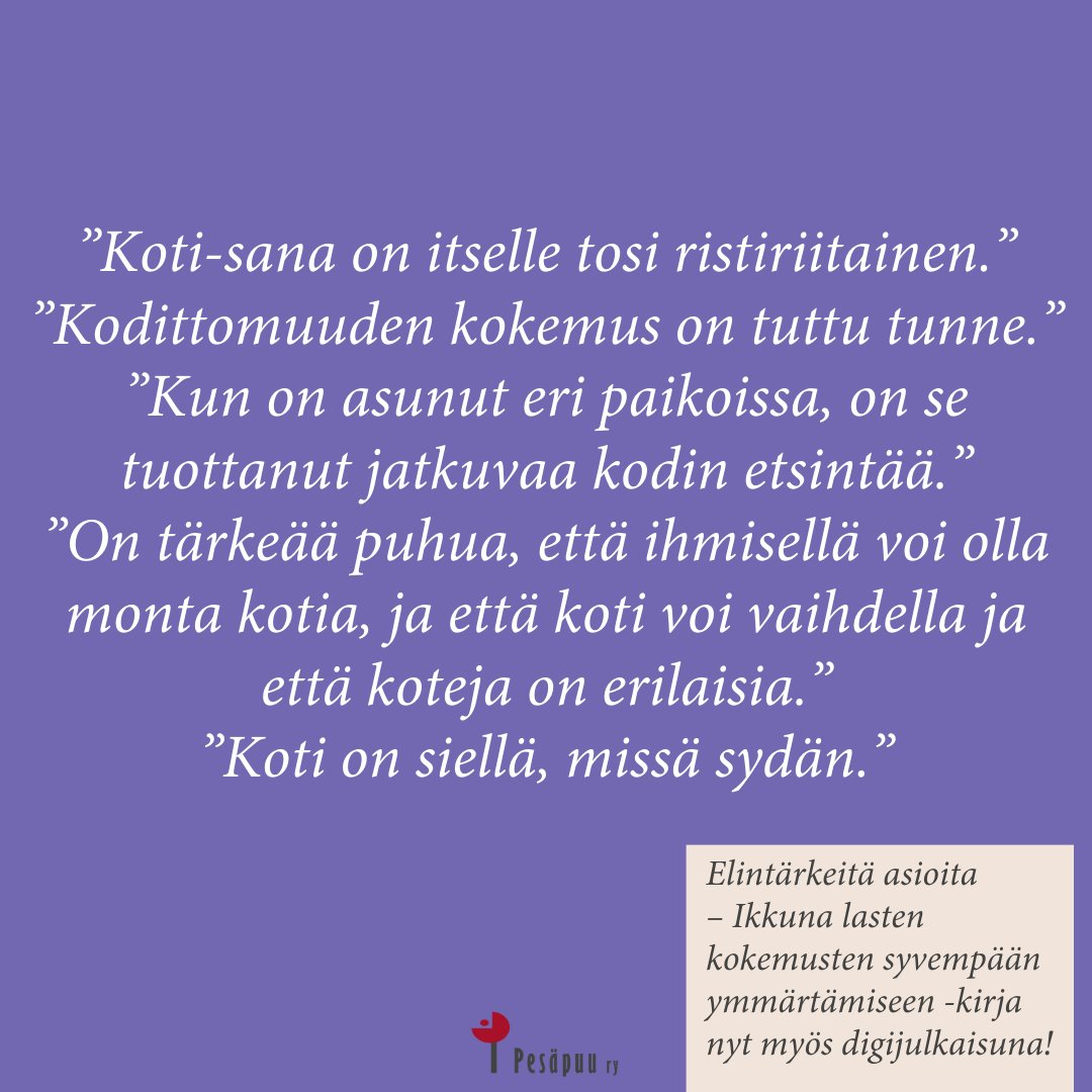 PesapuuRy's tweet photo. Elintärkeitä asioita -kirja antaa koskettavasti syvempää ymmärrystä sijaishuollossa kasvavien kokemuksiin sekä monien elintärkeiden asioiden ja niiden puuttumisen kauaskantoisiin seurauksiin.

Nyt myös digiversiona👉 https://t.co/bUbZOGLJVM

#lapset #lastensuojelu #sijaishuolto https://t.co/XZQvY0jmvS