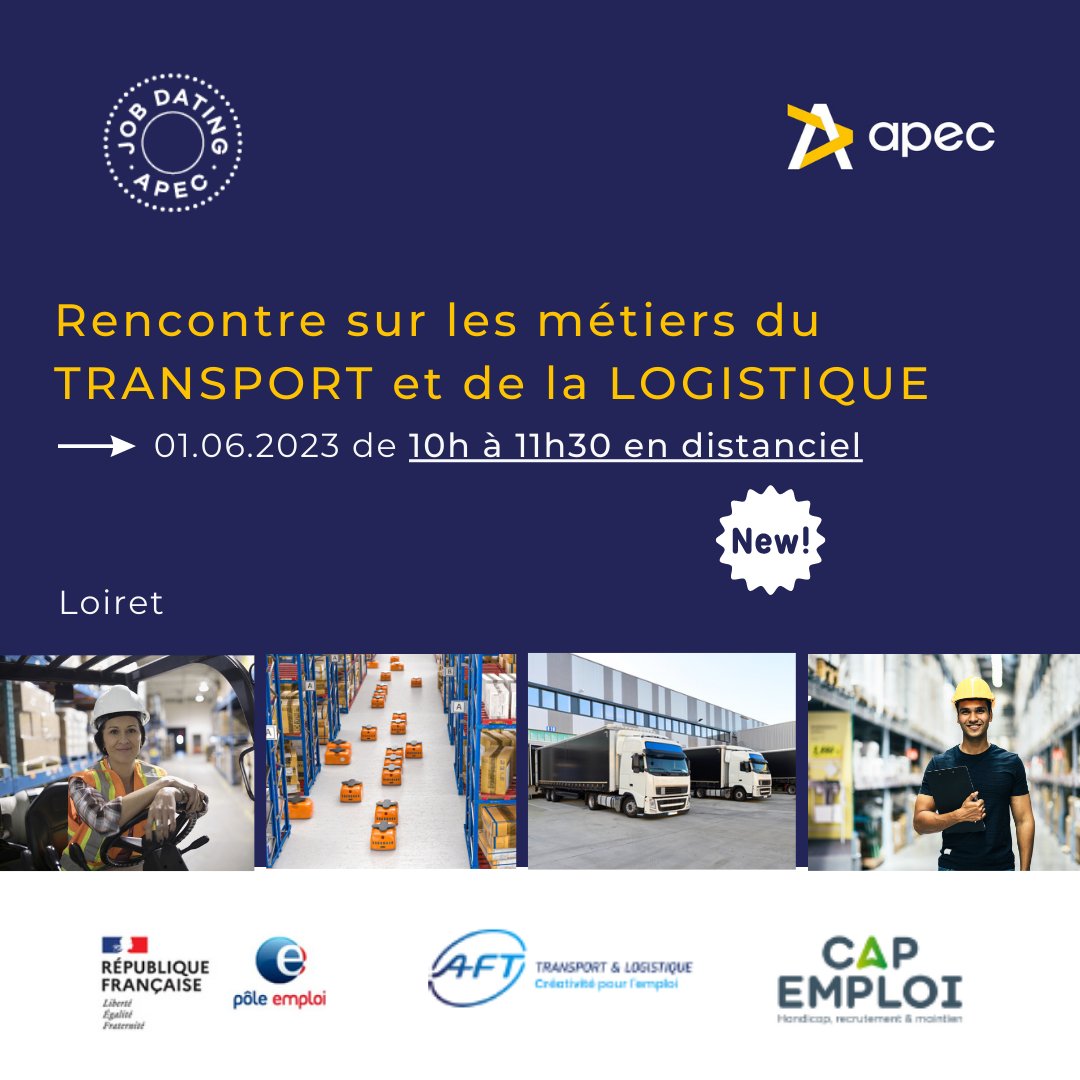L' <a href="/apec_cvl/">Apec Centre-Val de Loire</a> &amp; ses partenaires vous invitent à découvrir les opportunités et les métiers dans le domaine du #Transport &amp; de la #Logistique.
Venez échanger avec une entreprise qui recrute TLR Transports &amp; Logistique 👍
Pour recevoir le lien de la visio👉bit.ly/3oWh1QK