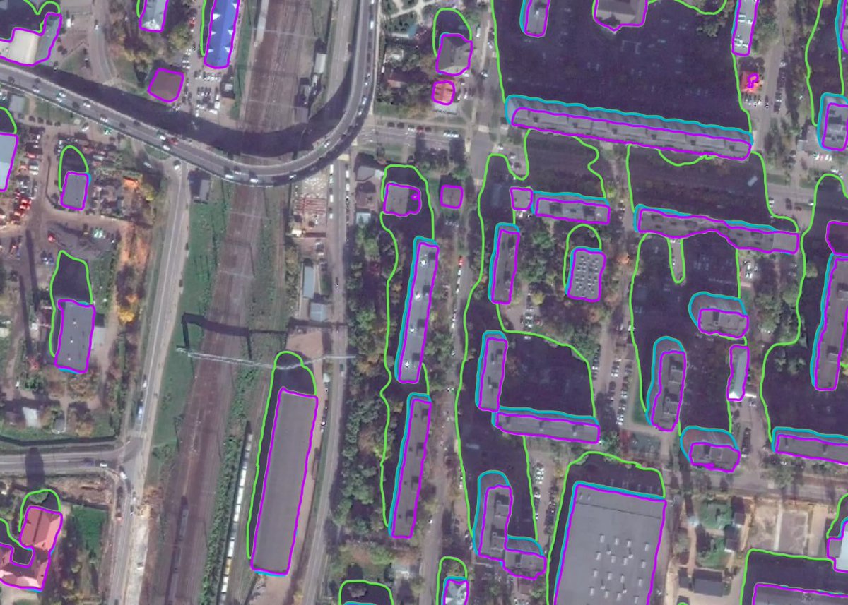 GeoalertTeam's tweet photo. One of the basic methods for #Mapflow building heights estimation workflow. The model segments rooftops + shadows + walls. The next algorithm calculates the building 2.5D based on the known parameters of the satellite image. Simple yet effective when it comes to a large area https://t.co/BYrarccLvR