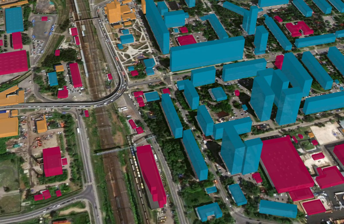 GeoalertTeam's tweet photo. One of the basic methods for #Mapflow building heights estimation workflow. The model segments rooftops + shadows + walls. The next algorithm calculates the building 2.5D based on the known parameters of the satellite image. Simple yet effective when it comes to a large area https://t.co/BYrarccLvR