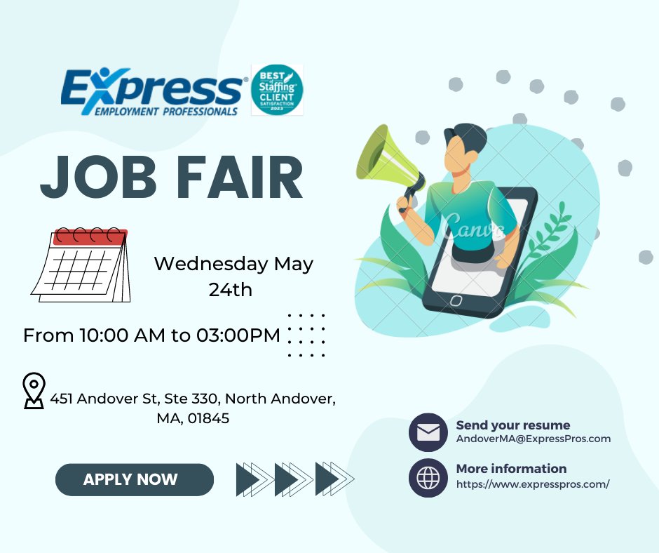‼️ Save the date ‼️

*** Join us on Wednesday May 24th between 10AM-3PM**

Our team of hiring experts is ready to help you find your next Carrer!

#expresspros #jobfair #Massachusetts #andoverma #LawrenceMA #openJobs #ApplyNow