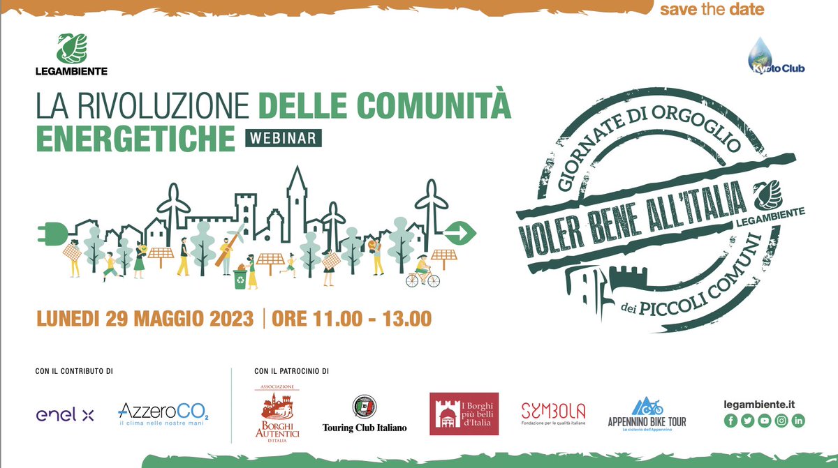 Legambiente's tweet photo. #SaveTheDate La rivoluzione delle comunità #energetiche. 
Vi aspettiamo lunedì 29 maggio per la presentazione della 20esima edizione di #VolerBeneAllItalia.

Qui trovi altre info: https://t.co/AHtvg4pQHI https://t.co/SdsETvngr5