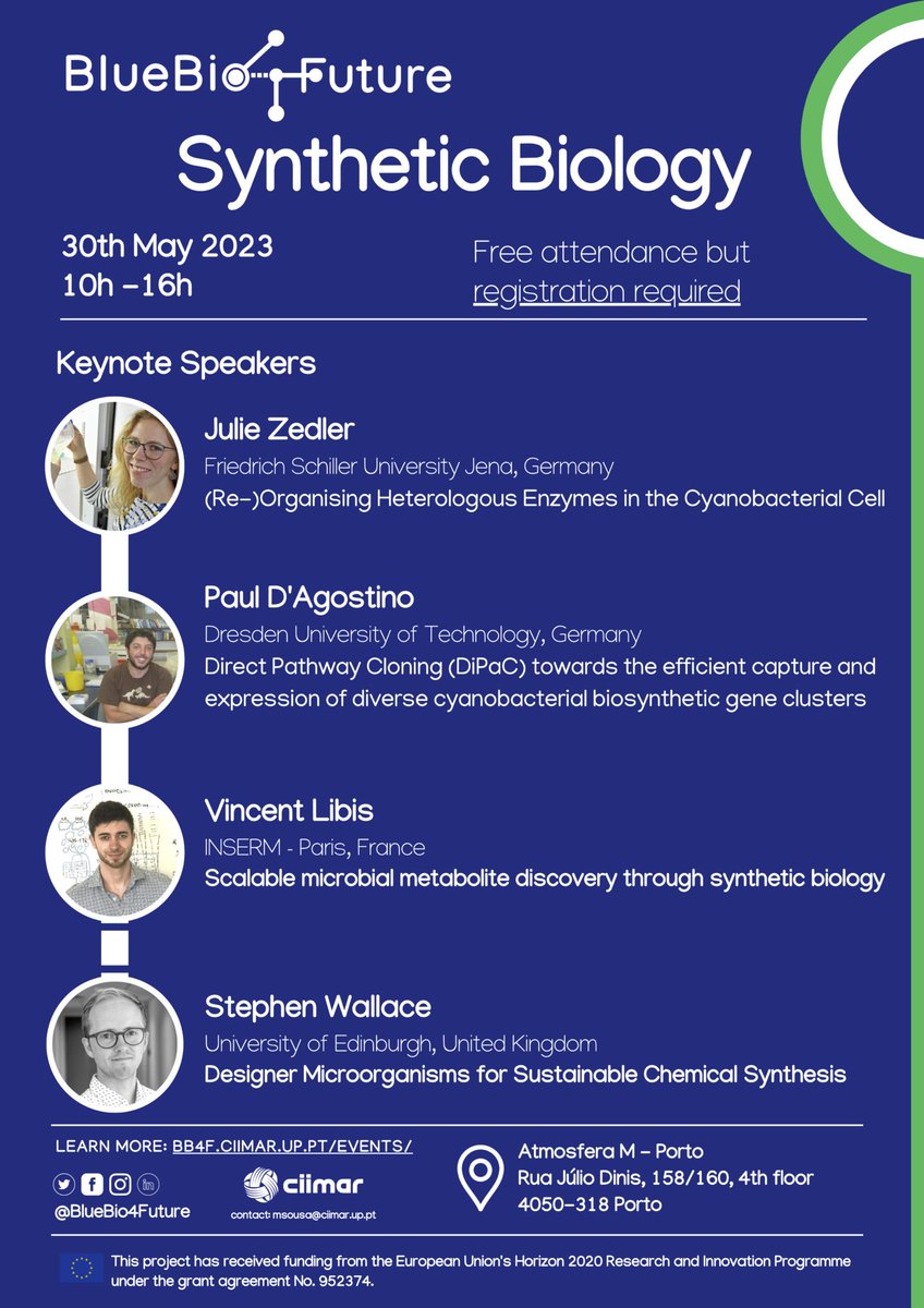 CIIMAR-UP (@ciimarup) on Twitter photo Register to the <a href="/BlueBio4Future/">BlueBio4Future</a> #erachair invited speakers lectures, Julie Zedler, Paul D'Agostino, Vincent Libis and Stephen Wallace, on 30 May at Atmosfera M - Porto (10-16)!
Information and registration:
www2.ciimar.up.pt/events.php?id=…
#CIIMARnews #ciimarcourse #syntheticbiology Register to the <a href="/BlueBio4Future/">BlueBio4Future</a> #erachair invited speakers lectures, Julie Zedler, Paul D'Agostino, Vincent Libis and Stephen Wallace, on 30 May at Atmosfera M - Porto (10-16)!
Information and registration:
www2.ciimar.up.pt/events.php?id=…
#CIIMARnews #ciimarcourse #syntheticbiology