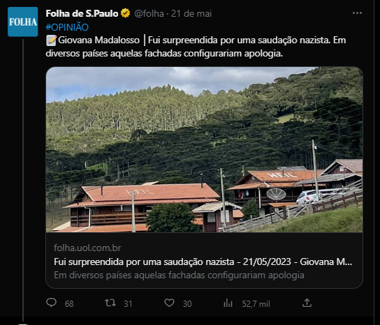 david_agape_'s tweet photo. Mais uma da série: Jornalismo de qualidade exige recursos 

Ontem, 21/05, a Folha de SP publicou um artigo de opinião irresponsável que acusava residências de SC de exibir a "saudação nazista" HEIL em seus telhados. 1⃣ https://t.co/bxT6Fk7cep