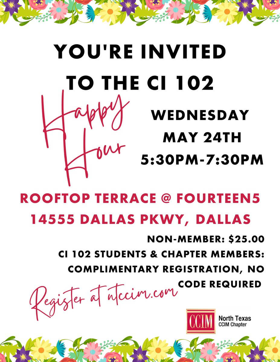 ntccim's tweet photo. Join us for our May Happy Hour at Rooftop Terrace @ Fourteens in Dallas! Registration is open. https://t.co/gyH7RZ8cPI

#ntccim #NTXCRE #ccim #professionals #Commercialrealestate #cre#community #network #happyhour https://t.co/ASM1qlRyVt