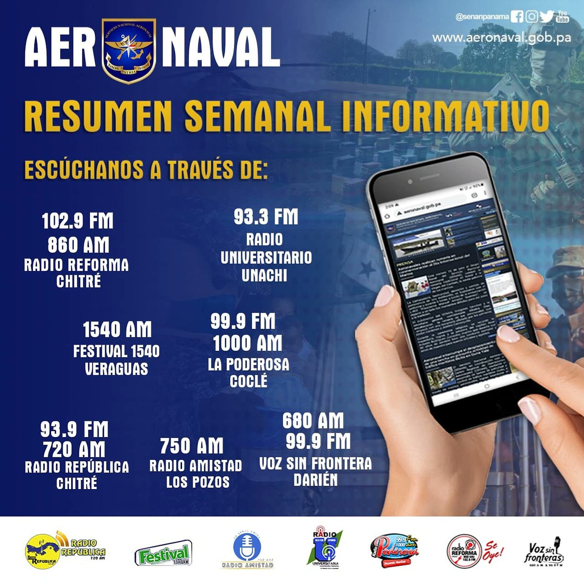 Senan Panamá (@senanpanama) on Twitter photo 📢 #Atención | Sintoniza estas emisoras 🎙:
👉<a href="/reformaseoye/">Radio Reforma ¡Se Oye¡</a>
👉<a href="/UNACHIpanama/">UNACHI</a>
👉<a href="/Festival1540/">Festival 1540 AM</a>
👉<a href="/laradiopoderosa/">Radio Poderosa</a>
👉<a href="/vozsf/">Voz Sin Fronteras</a>
👉<a href="/mifavorita919/">Radio Mi Favorita</a>
Y escucha el #ResumenSemanal con las actividades que realizamos los #Aeronavales 🫡 en pro de la nación. 📢 #Atención | Sintoniza estas emisoras 🎙:
👉<a href="/reformaseoye/">Radio Reforma ¡Se Oye¡</a>
👉<a href="/UNACHIpanama/">UNACHI</a>
👉<a href="/Festival1540/">Festival 1540 AM</a>
👉<a href="/laradiopoderosa/">Radio Poderosa</a>
👉<a href="/vozsf/">Voz Sin Fronteras</a>
👉<a href="/mifavorita919/">Radio Mi Favorita</a>
Y escucha el #ResumenSemanal con las actividades que realizamos los #Aeronavales 🫡 en pro de la nación.