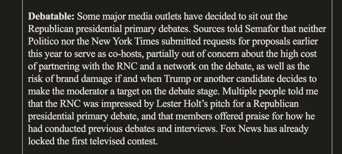 maxwelltani's tweet photo. More from the newsletter: Several news organizations including the New York Times and Politico opted against partnering with the RNC to host a GOP presidential debate over fears about cost and brand concerns. 

https://t.co/lafvvGtdba https://t.co/5hGWMPgYJt