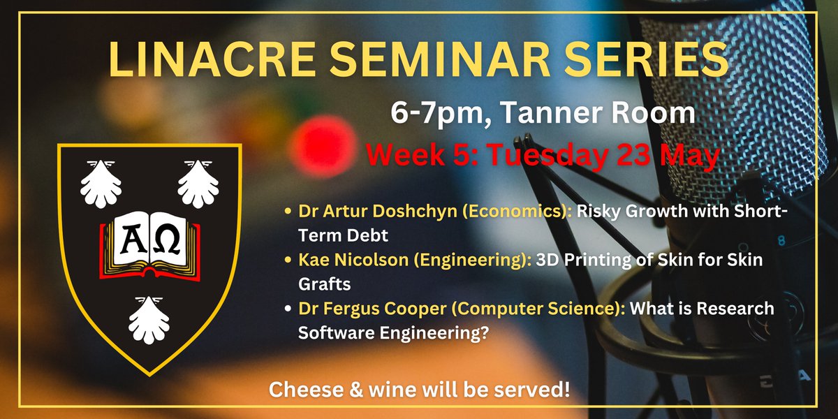 Don't miss #Week5 of the #LinacreSeminarSeries 

6pm in the Tanner Room on Tuesday 23rd May. All welcome - three more fascinating research presentations with wine and cheese served.

#LifeatLinacre #LinacreSeminarSeries