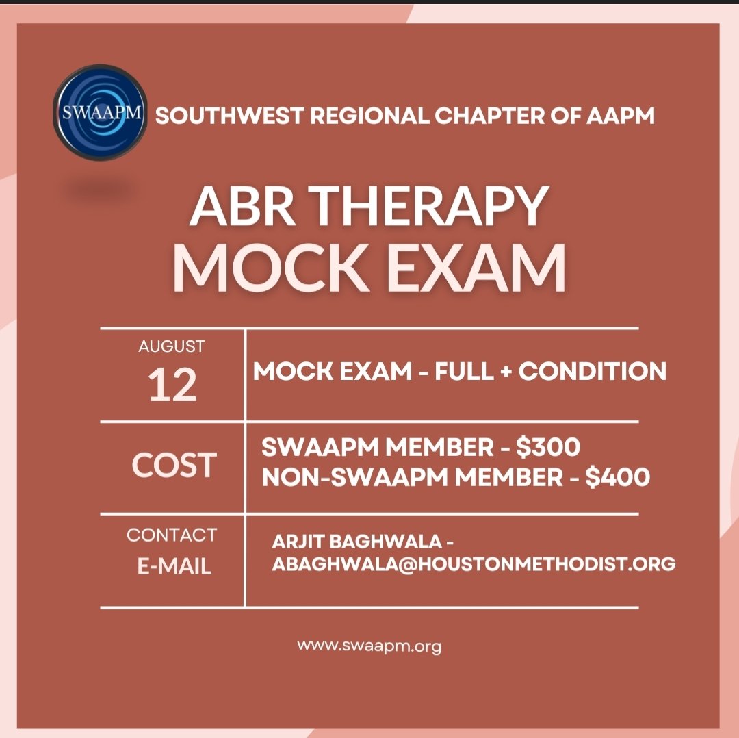 Are you going to take the #medphys ABR Part III exam in September or know someone who will ? <a href="/swaapm/">SWAAPM</a> is offering a mock exam, even for candidates who conditioned. Please forward this information if you know someone who would like that extra practice <a href="/aapmHQ/">American Association of Physicists in Medicine</a>
