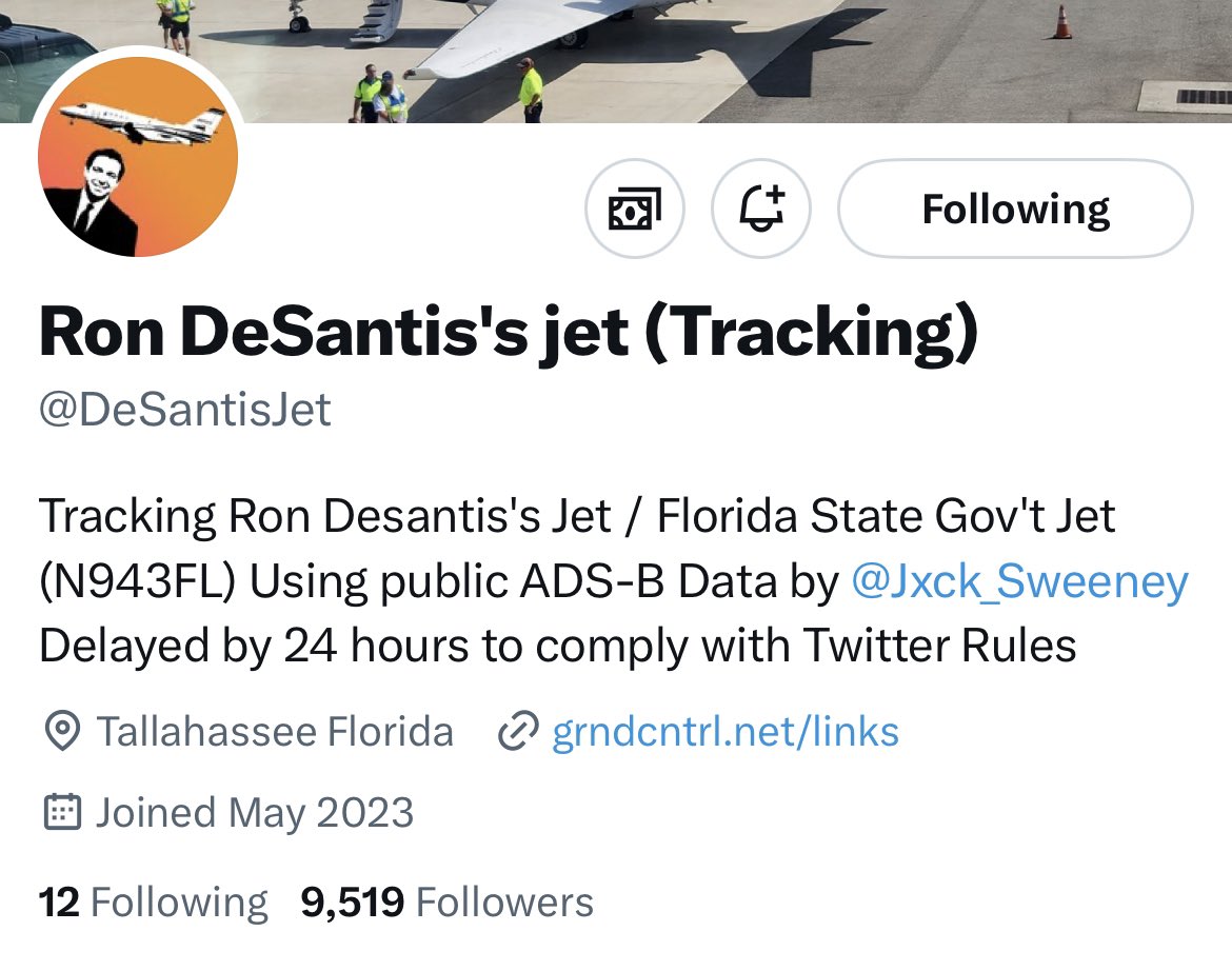 PSA: Ron DeSantis jet tracker just dropped

@DeSantisJet