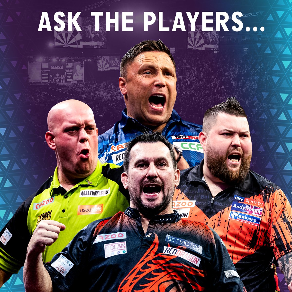 OfficialPDC's tweet photo. Get your questions in for our four Premier League Play-Off contenders...

They will be answering the best ones on Wednesday! 

Use #AskMvG, #AskPrice, #AskClayton and #AskSmith with your question below! https://t.co/nYh8drZUqi
