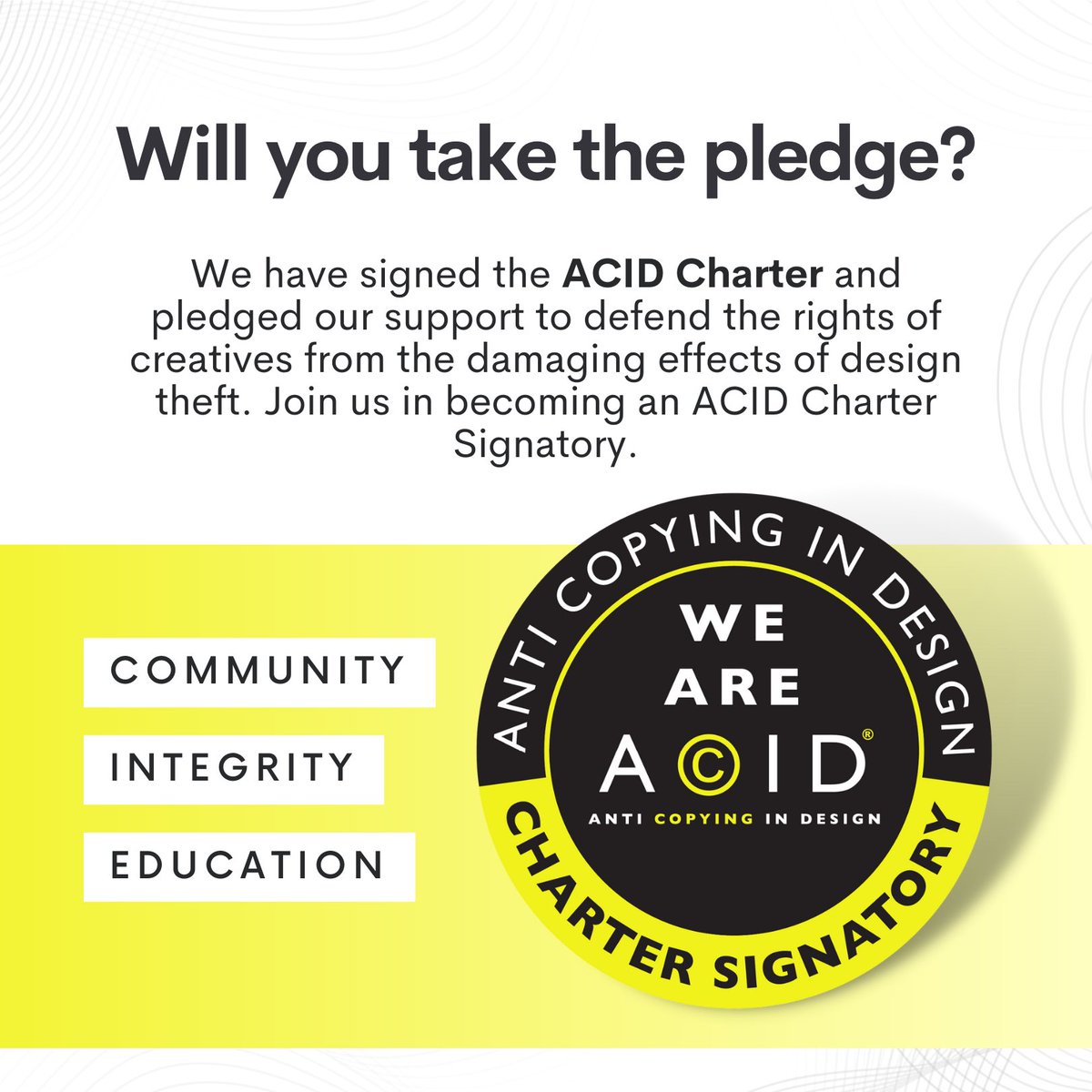studiogabuk's tweet photo. We have signed the ACID Charter and pledged our support to defend the rights of creatives from the damaging effects of design theft. Join us in becoming an ACID Charter Signatory. 

Sign the IP Charter today!

https://t.co/7x7W91T3dB https://t.co/kaCNXYczyB