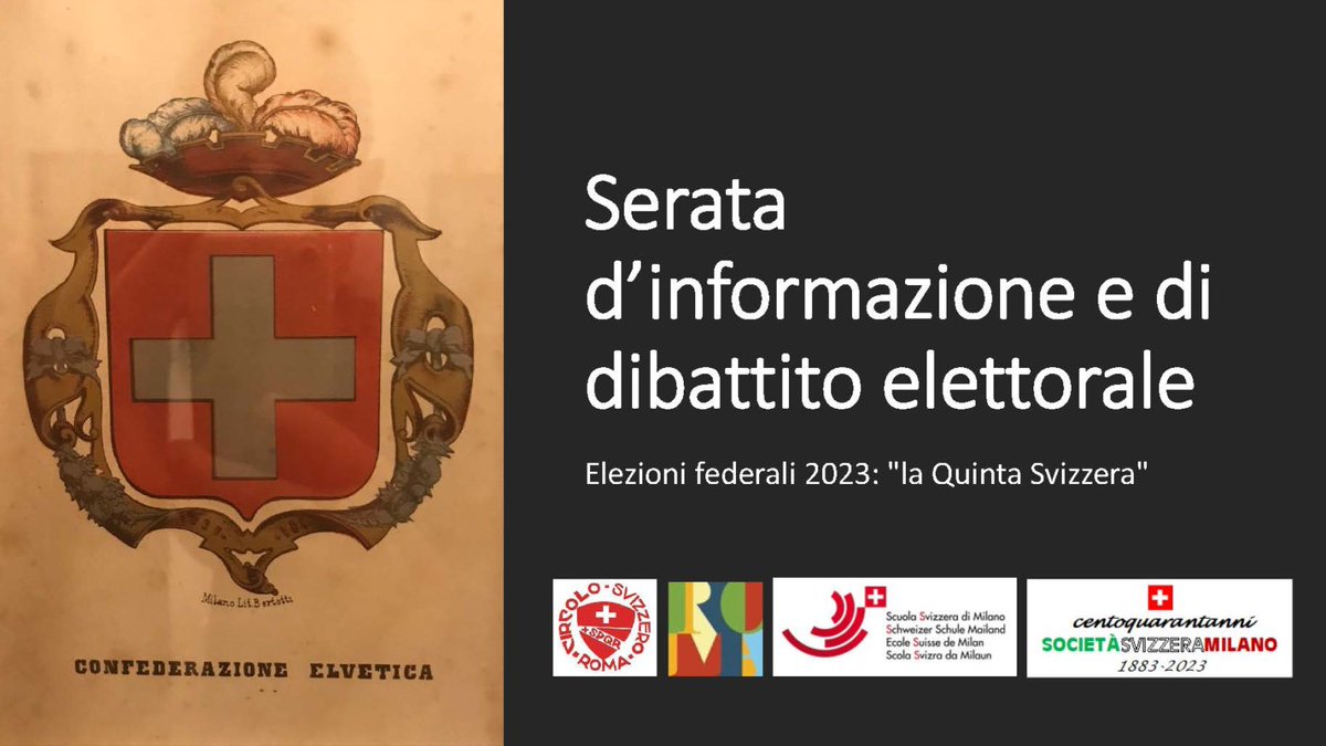 Mercoledì 24 maggio 2023, alle ore 18.30 - online
In vista delle ##elezioni federali del 22/10/2023, il Circolo Svizzero  Roma e la Società #Svizzera di Milano organizzano una Serata  d’informazione e di dibattito in vista delle elezioni federali.

svizzeri.ch/2023/05/22/ser…