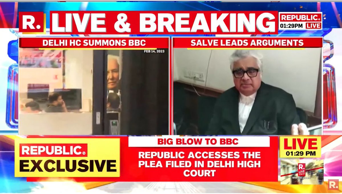republic's tweet photo. #BREAKING: Senior advocate and King's Counsel Harish Salve said the suit against the BBC is in relation to the documentary which has "defamed" India and the whole system including the judiciary. #HarishSalve #BBC #PMModi #DelhiHC https://t.co/1syS0GdLps