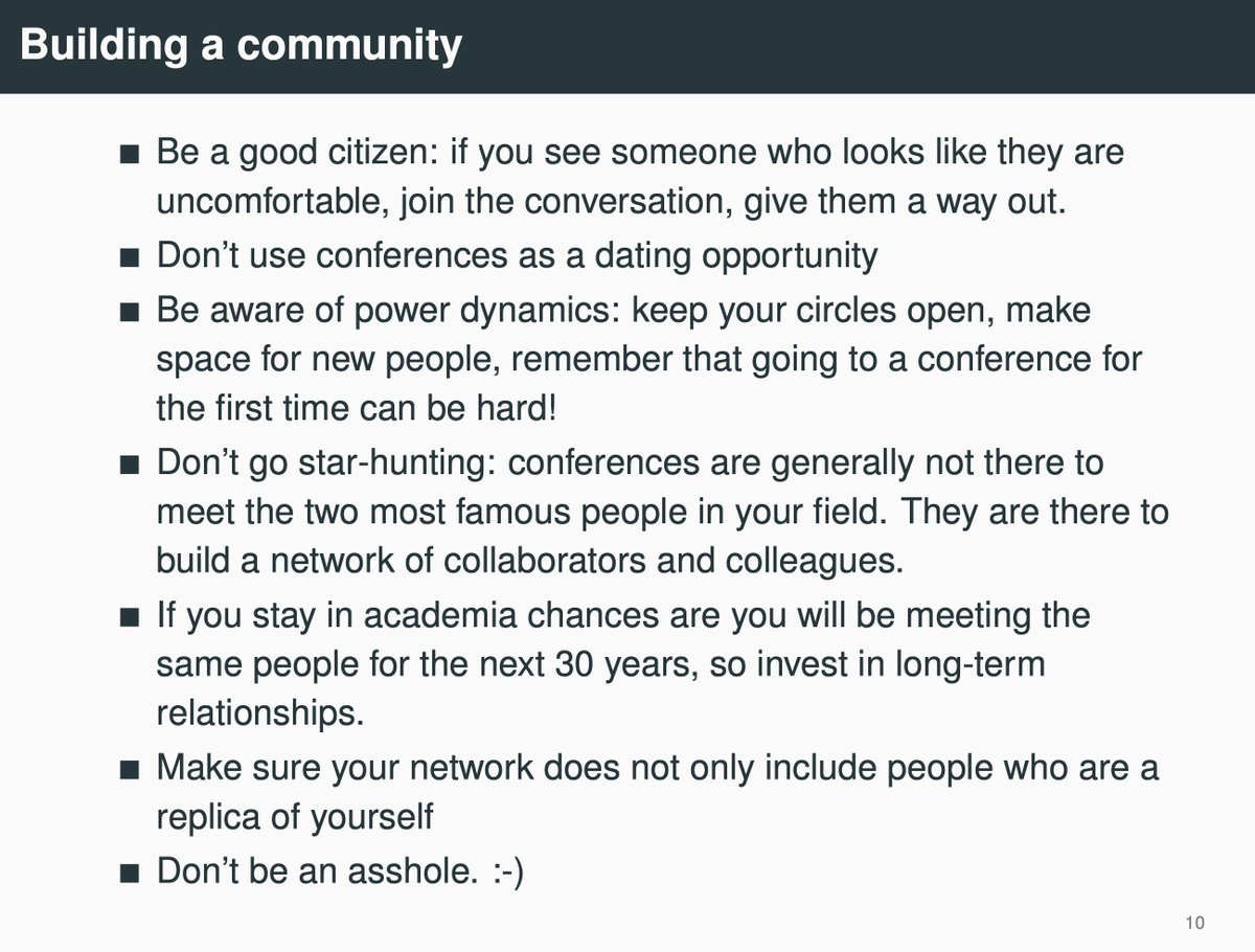 Academic conference season is upon us and I was asked to talk about going to conferences as early career researchers this morning. Lots to say about making them an enjoyable experience, but it's equally important to think about building a community you want to work in/with 👇