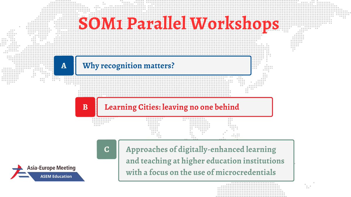 AesAsem's tweet photo. 🗣️Engaging discussions are taking place in the 3 parallel workshops held at #ASEMEdu SOM1.

The dialogue on #education, #recognition, #LearningCities, #InclusiveLearning, #microcredentials is enriched by different perspectives from Asian and European stakeholders. https://t.co/CE0z191klz