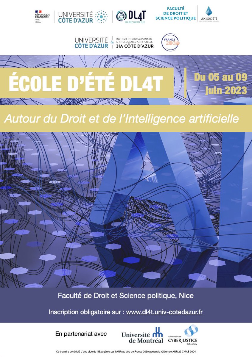 ☀️École d'été #DL4T sur le #Droit et de l'#iA 🤓
Du 05 au 09/6/2023

Étudiants en Licence et  M1 <a href="/DroitScPoNice/">DroitSciencePoNice</a>
👋Plus que 2 semaines pour vous inscrire ! 
 bit.ly/3M8SLEg