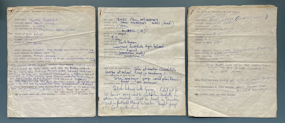 The questionnaires are 60 this year. They showcase lines that will shortly appear in #AHardDaysNight, reflections about their families and Brian, and some great additions by John to Paul’s copy. Here are the three front pages in full

#BeatlesQuestionnaires