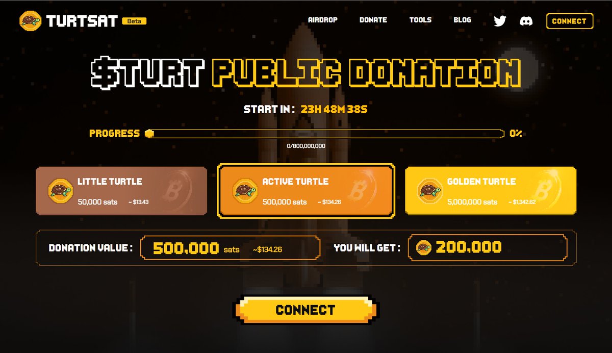 📢TurtSat announces airdrop and donate is about to open!

⏰start time: May 23rd, 2023 at 13:00 UTC+8 
⚠️end time: May 24, 2023 at 13:00 UTC+8
🔥FCFS (First come First Serve)

More detail⬇️