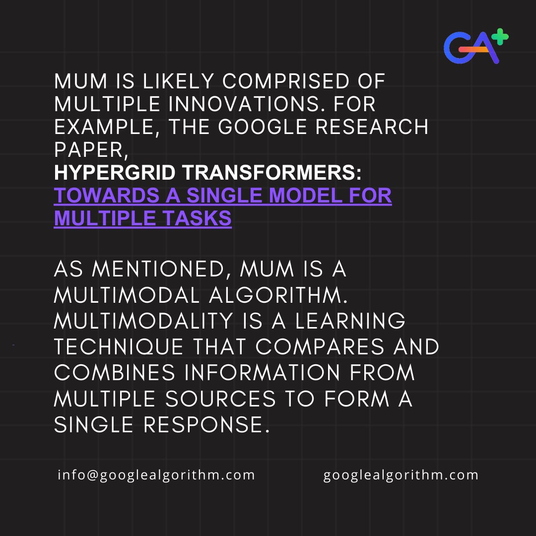 AlgorithmGoogle's tweet image. Google&apos;s algorithm updates called MUM, was designed to revolutionize our understanding of multiple tasks and information sources. 🚀

Stay tuned for more updates, and don&apos;t forgot to Like 👍 and Comment 💬

#AI #MUMAlgorithm #MultitaskUnifiedModel #googlealgorithm #YSRCPAgain2024
