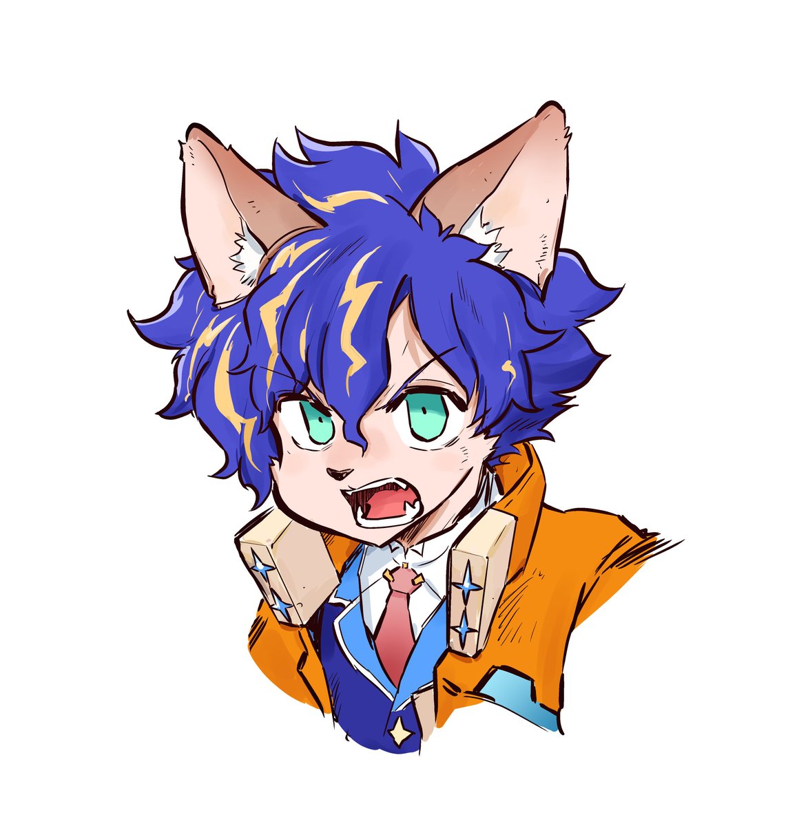 1boy male focus solo blue hair animal ears red necktie open mouth  illustration images
