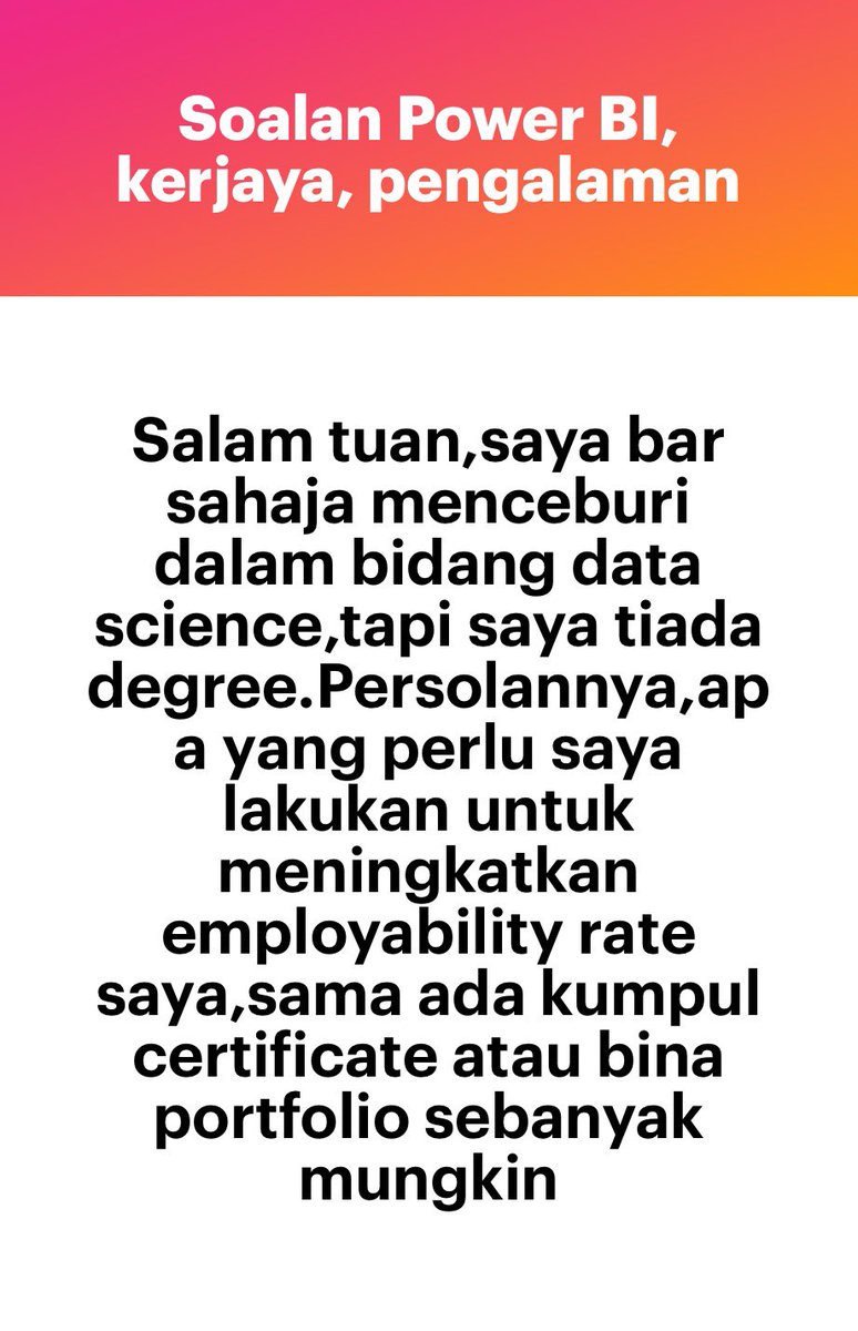MHarizSharif's tweet photo. 1 portfolio jauh lebih baik daripada ada 10 certificate.

Saya pernah jumpa orang share dia ada sampai 20 cert tapi 1 pun takde portfolio yang menyelesaikan masalah dan struggle nak dapat kerja😅

Ada SPM pun boleh dapat jawatan macam degree kalau mampu buktikan boleh buat kerja👍🏻