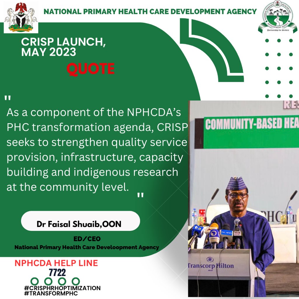 NphcdaNG's tweet photo. “As a component of the NPHCDA’s PHC transformation agenda, CRISP seeks to strengthen quality service provision, infrastructure, capacity building and indigenous research at the community level.”
Dr @drfaisalshuaib, OON,
ED/CEO NPHCDA
#CRISPHRHoptimization
#TransformPHC https://t.co/qCw87HbQsJ