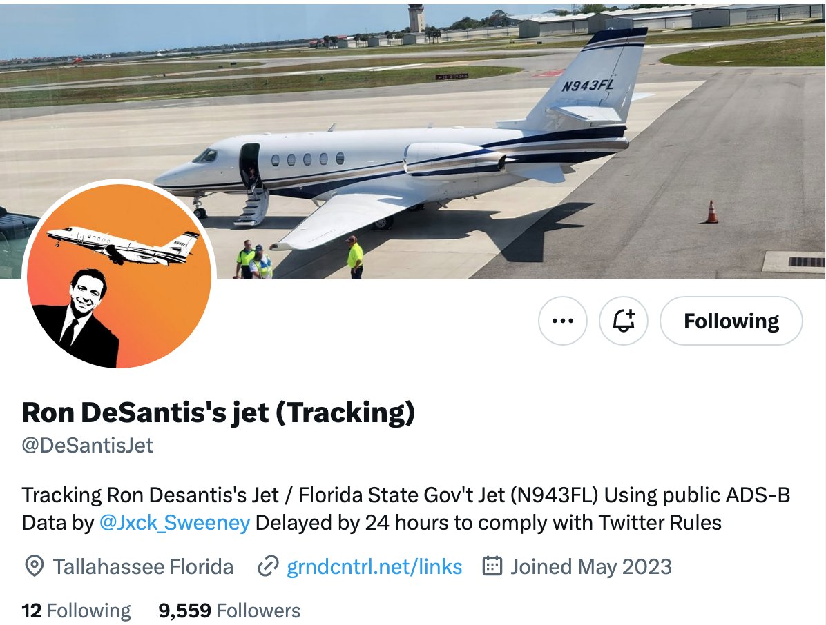 krassenstein's tweet photo. Breaking: Jack Sweeney, the guy who tracks Elon Musk's private jet, is now tracking the jet of Florida Governor Ron DeSantis, on Twitter.

-  Days ago DeSantis signed a bill that redacted details about the trips he makes on State-owned aircraft and private aircraft.  The data is still available, however, via ADS-B technology, which tracks flights to avoid collisions.  

- Sweeney created a new account specifically to track DeSantis' Jet on this platform, but to comply with Twitter's Terms of Service will implement a 24-hour delay.  

- Next week DeSantis is expected to declare his intention to run for the GOP nomination.

What are your thoughts on this?  Should Sweeney be permitted to post this data, which is already publicly available, on Twitter and elsewhere?  Is the 24-hour delay fair?