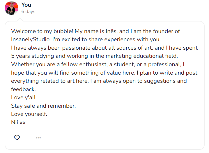 Insanely_studio's tweet photo. #WelcomeToMyBubble #InsanelyStudio #ArtPassion #ArtEnthusiast #MarketingEducation #ArtisticJourney #ArtCommunity #ArtInspiration #CreativeExpressions #ArtisticInsights #ArtisticSoul #OpenToSuggestions #FeedbackWelcome #SpreadLove #StaySafe #LoveYourself #NiiXX #kofi https://t.co/r4aY1HT8ha