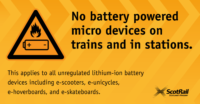 ScotRail's tweet photo. ℹ️ We're introducing a temporary ban on the carrying of unregulated lithium-ion powered e-scooters, e-unicycles, e-skateboards and e-hoverboards in all ScotRail managed stations and on all ScotRail services from Thursday, 1 June 2023.