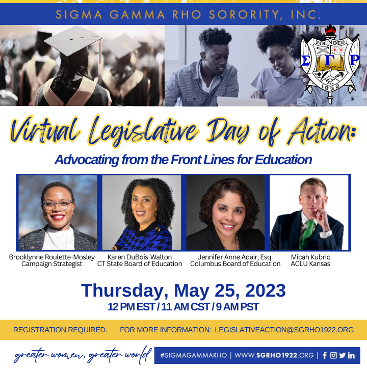 The Legislative Action Committee invites Sorors, Philos, and Rhoers to attend our annual Virtual Day on the Hill. 
 
Check your e-mail for registration information!

#SigmaGammaRho #GreaterWomenGreaterWorld