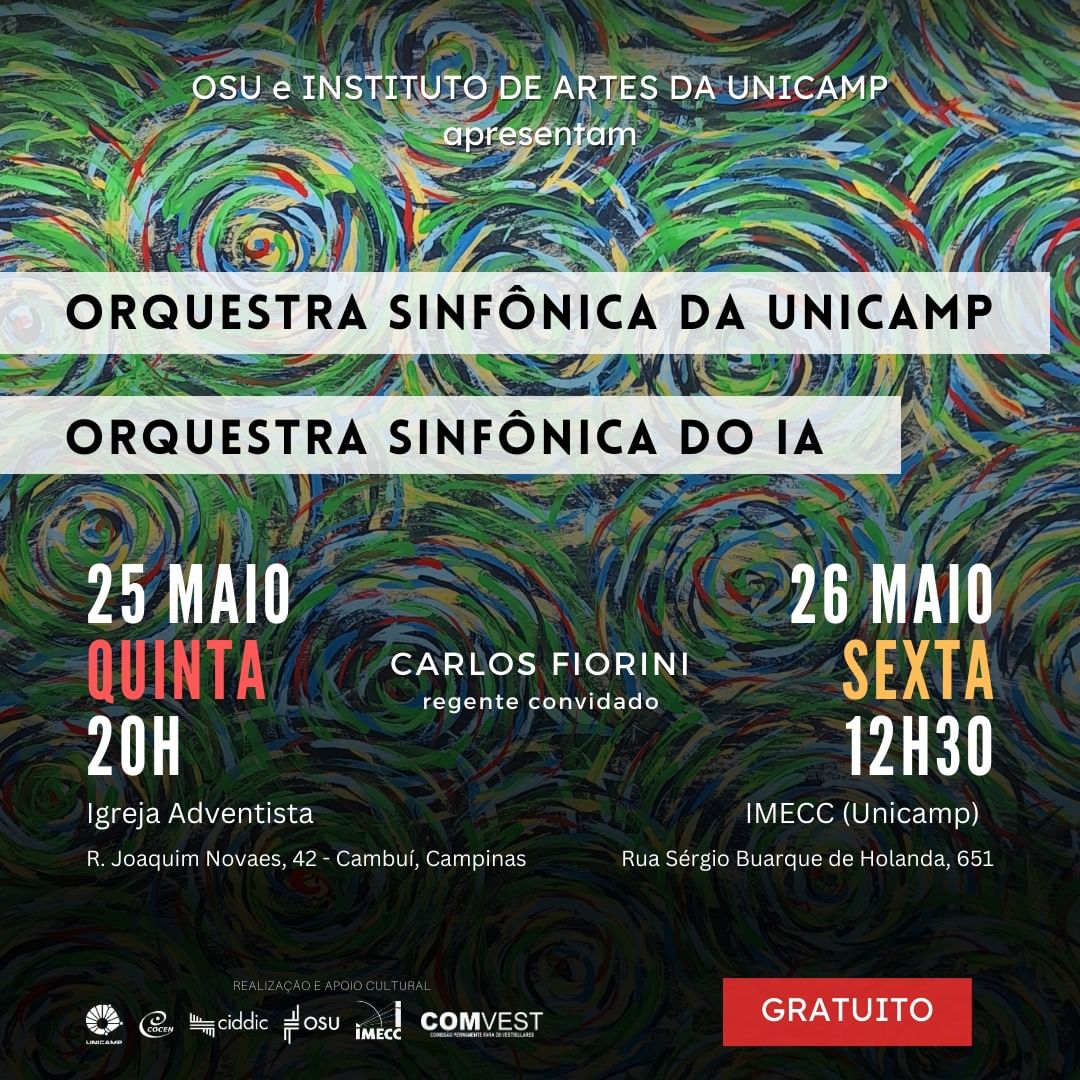 ExtensaoUnicamp's tweet photo. A OSU realiza nova série de concertos especiais em conjunto com a Orquestra do Departamento de Música da Unicamp, sob a regência do maestro convidado Carlos Fiorini. Ao todo, serão mais de 80 músicos tocando nas duas apresentações

#osu #orquestra #unicamp #imecc #campinas #ia https://t.co/EbrEu353vd