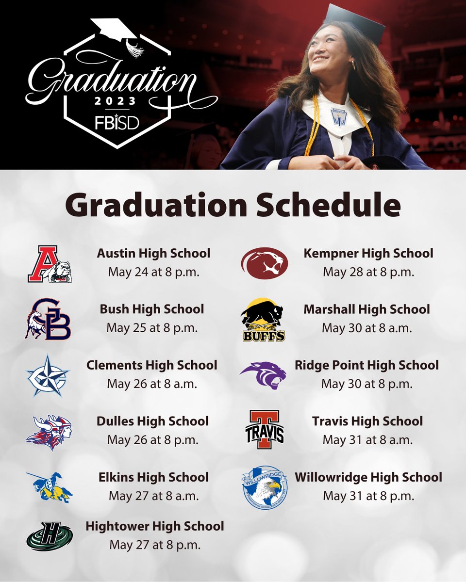 This week is THE week, Class of 2023!

👀 Take a peek at the full schedule. 8 a.m. and 8 p.m. on June 1st are set aside as makeup times.

For more information, please visit fortbendisd.com/graduation

#FBISD #ClassOf2023