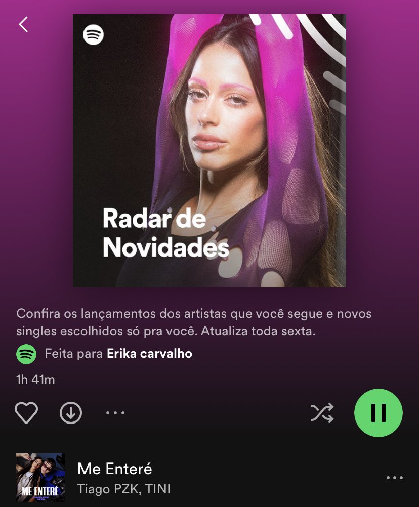 twittaerika's tweet photo. O meu radar de novidades, até o Spotify me entende kkkkkkkk #Meentere @TiniStoessel @tiagosantineli https://t.co/PB7vcDgDyJ