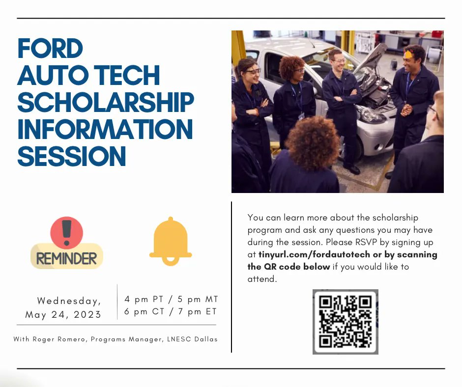 🚗💡 Attention aspiring auto techs! Ford Auto Tech Scholarship webinar in 2 days! 🎓🔧

Learn about the scholarship, win prizes! Two $25 gift cards, one $50 gift card!

👩🏽‍💻 Sign up: tinyurl.com/fordautotech

Don't miss out! #scholarship #fordfund