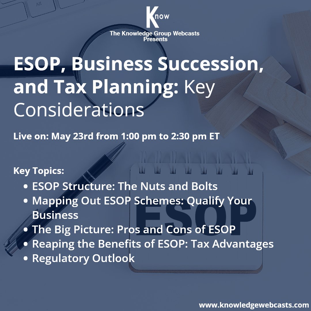 KnowGroupCLECPE's tweet image. At 1 PM ET tomorrow, our webcast, “ESOP, Business Succession, and Tax Planning” is going live.

Save your seat now: zurl.co/YT4g

Speakers: David R. Johanson of @HawkinsParnell and Michelle Buckley, CPA, AIFA of @MeadenMoore

#ESOP #EmployeeBenefits #CLEwebcast #tkg