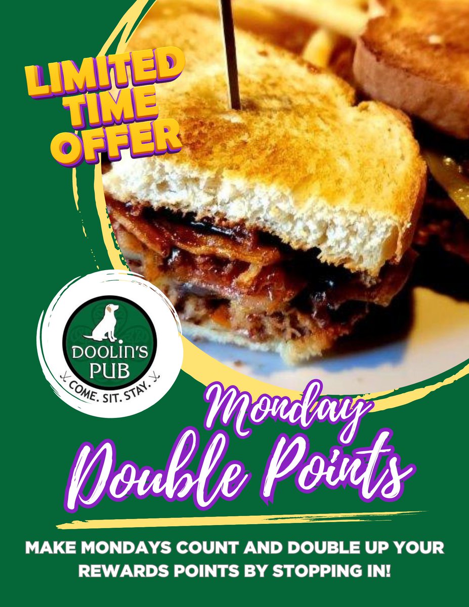 Craving some tasty food and even tastier rewards? Look no further! Come dine with us on Mondays and get double the points. #RewardsProgram #FoodLover