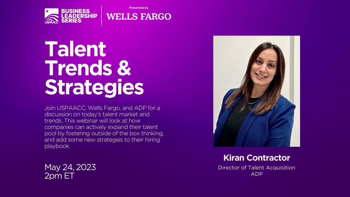 USPAACC's tweet image. 🕒Catch the Talent Trends &amp;amp; Strategies free webinar hosted by @USPAACC @WellsFargo @ADP THIS WEDNESDAY at 2 p.m. ET. 

Hear from experts about attracting and retaining top talent. Register today: bit.ly/3Iync4C 

#USPAACC #TalentTrends #USPAACC #AsianAmericanBusiness