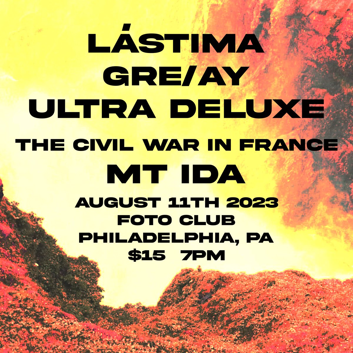 Philly gay music listeners rejoice. Aug 11 at foto club with <a href="/lastimamusic/">Lástima</a> <a href="/GRESLASHAY/">GRE/AY</a> <a href="/CivilWarInFrnce/">The Civil War in France (There u r c: )</a> and Mt Ida