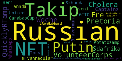 Trending in my timeline now:  #Russian (2)  #Takip (2)  #NFT (2)  #Putin (1)  #VolunteerCorps (1)  #Fre (1)  #QuicklyRTamp (1)  #Woche (1)