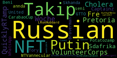 Trending in my timeline now: #Russian (2) #Takip (2) #NFT (2) #Putin (1) #VolunteerCorps (1) #Fre (1) #QuicklyRTamp (1) #Woche (1)