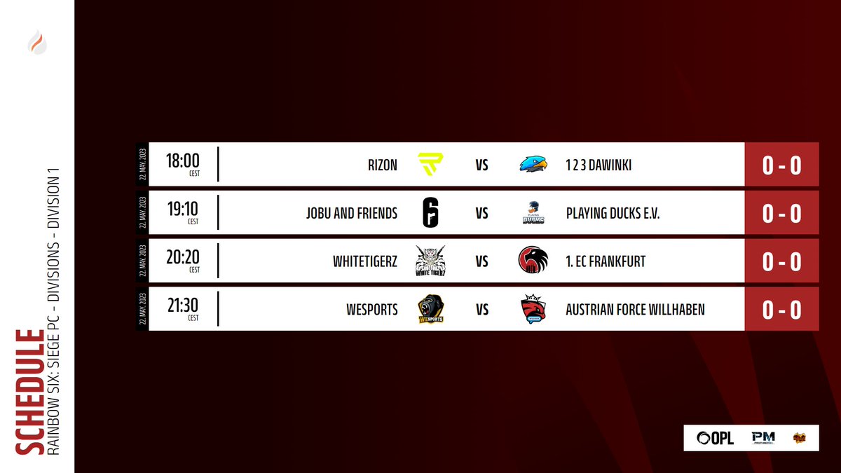 FireLeague (@fireleagueeu) on Twitter photo Last regular playday, don't miss it!
📺twitch.tv/FireLeagueEU_S…
🎙@stuckii2410 & @shizzo82
🎥Orio
🔥Matches:
▶️18.00 - <a href="/RIZONDOTGG/">RIZON</a> vs <a href="/davinci_esports/">DAViNCi ESPORTS 🦅</a>
▶️19.10 - #JobuandFriends vs <a href="/PlayingDucks/">Playing-Ducks e. V. 🇩🇪🦆</a>
▶️20.20 - <a href="/whitetigerzGG/">WhiteTigerZ</a> vs <a href="/1ECFrankfurt/">1. Esport Club Frankfurt e.V.</a>
▶️21.30 - @WeSports_de vs <a href="/AustrianForce/">Austrian Force willhaben</a> Last regular playday, don't miss it!
📺twitch.tv/FireLeagueEU_S…
🎙@stuckii2410 & @shizzo82
🎥Orio
🔥Matches:
▶️18.00 - <a href="/RIZONDOTGG/">RIZON</a> vs <a href="/davinci_esports/">DAViNCi ESPORTS 🦅</a>
▶️19.10 - #JobuandFriends vs <a href="/PlayingDucks/">Playing-Ducks e. V. 🇩🇪🦆</a>
▶️20.20 - <a href="/whitetigerzGG/">WhiteTigerZ</a> vs <a href="/1ECFrankfurt/">1. Esport Club Frankfurt e.V.</a>
▶️21.30 - @WeSports_de vs <a href="/AustrianForce/">Austrian Force willhaben</a>