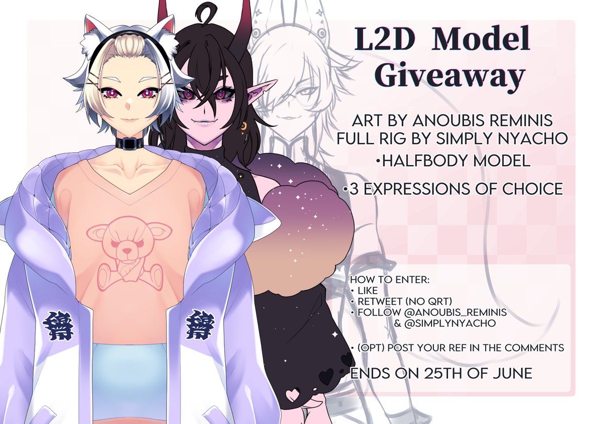 If you thought the P2U Model was the only Giveaway...BEHOLD!
We giving away one fully rigged Halfbody Model!

How to enter
• Follow <a href="/SimplyNyacho/">Nyacho Chaotica 🐾💣 Live2d Rigger</a> and <a href="/Anoubis_Reminis/">Anoubis Reminis 🎴VRCANA</a> 
• Like the Post (no RT acc's)
• Retweet ( no qrt's )
• opt. Comment with your PNG

ENDS on 25th of June