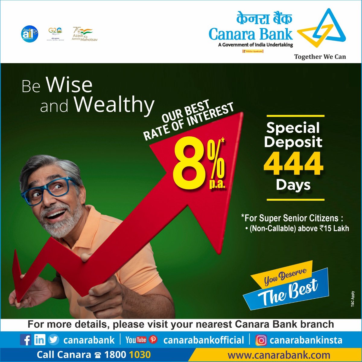 canarabank's tweet image. Watch your money grow while you enjoy the simple pleasures of life! Canara Bank offers you a Special Deposit Scheme that gives higher rate of returns at 8% p.a.  

Invest today:
play.google.com/store/apps/det…

T&amp;amp;Cs Apply

#AmritMahotsav #HigherReturns #DepositScheme