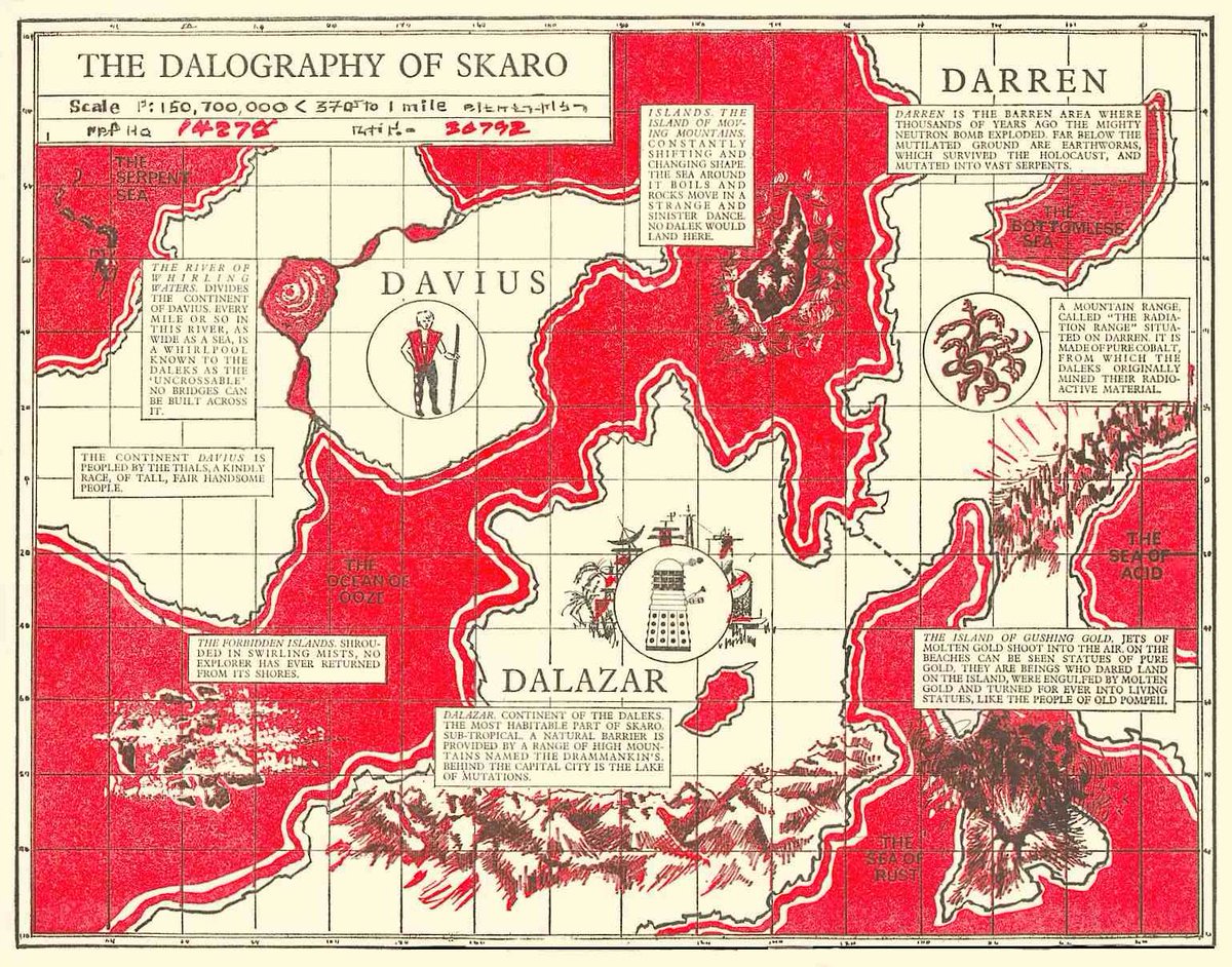 Weird fact of the day - This map of Dalek home world  published in both The Dalek Book (1964) and The Dalek Pocketbook and Space-travellers Guide (1965) reveals that Skaro has a continent called 'Darren' !

#DoctorWho #daleks