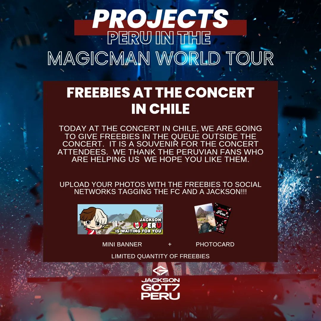 Jackson_G7Peru's tweet photo. ✧ 𝐏𝐑𝐎𝐉𝐄𝐂𝐓𝐒: ᴘᴇʀᴜ ɪɴ ᴛʜᴇ ᴍᴀɢɪᴄᴍᴀɴ ᴡᴏʀʟᴅ ᴛᴏᴜʀ
ENTREGA DE FREEBIES EN CHILE 🇵🇪 🇨🇱
FREEBIES AT THE CONCERT IN CHILE 🇵🇪 🇨🇱
#MAGICMANWorldTourinSantiago
#JacksonWangWorldTourinSantiago
#MAGICMANWorldTour #JacksonWang #JacksonGOT7Peru
#MAGICMAN @JacksonWang852 https://t.co/vgbiwbp0nk