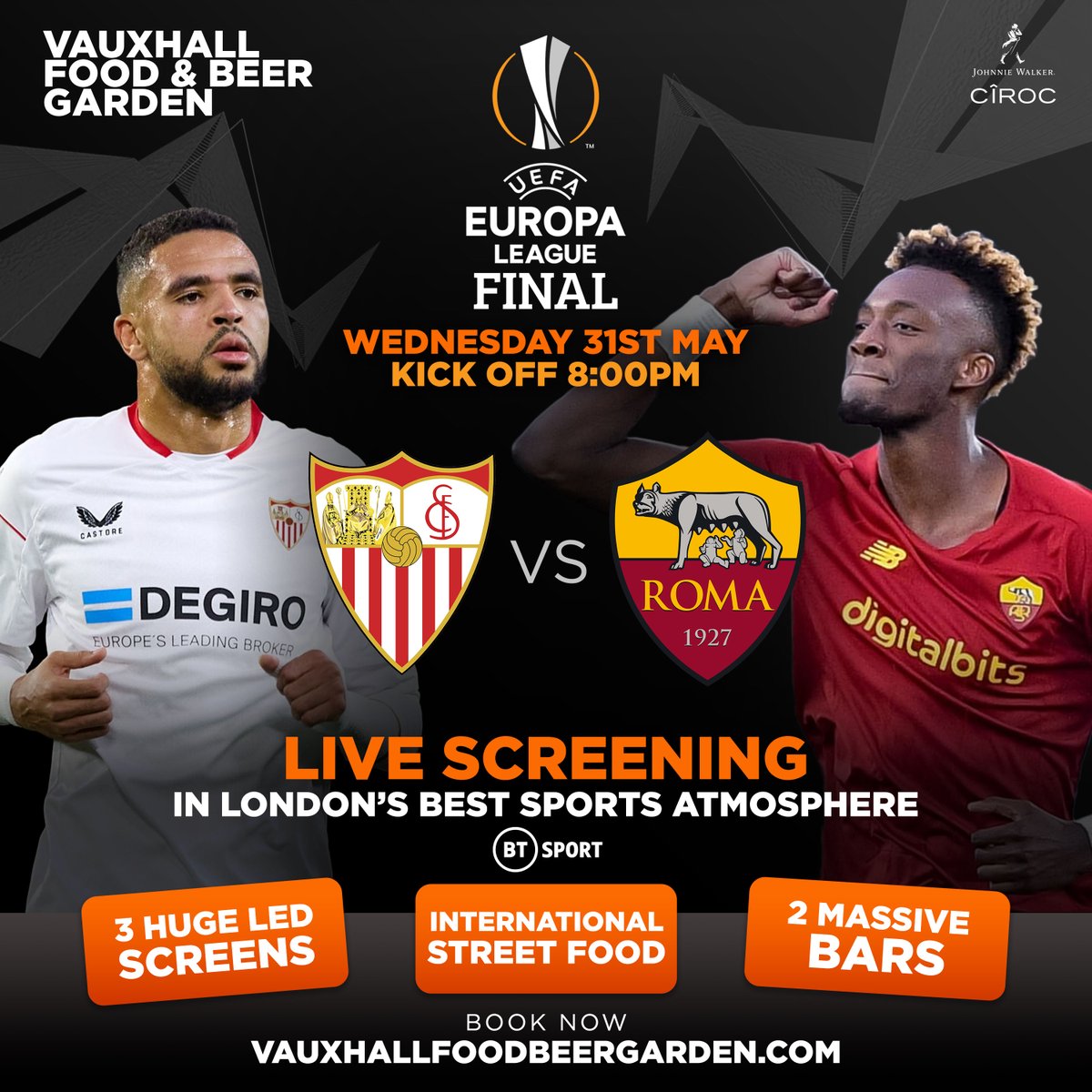 ⚽ Kicking off the Europa League Final in style🏆

Join us  for an epic showdown on our massive LED screens. Fuel up with mouthwatering street food and refreshing drinks. 🍕🍺🍹 
 #livefootball  #Europaleaguefinal