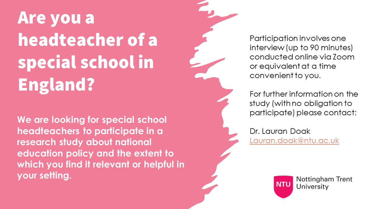 LauranDoak's tweet photo. I'm recruiting special school headteachers for a research study on national education policy and its degree of relevance to special schools. HTs with strong opinions especially welcome ;) Please share widely! #SEND @NTU_Ed @SimonKnight100 @Gary_Coffey01 @KD_cymraes @cherrylkd https://t.co/zF4LVwigbc