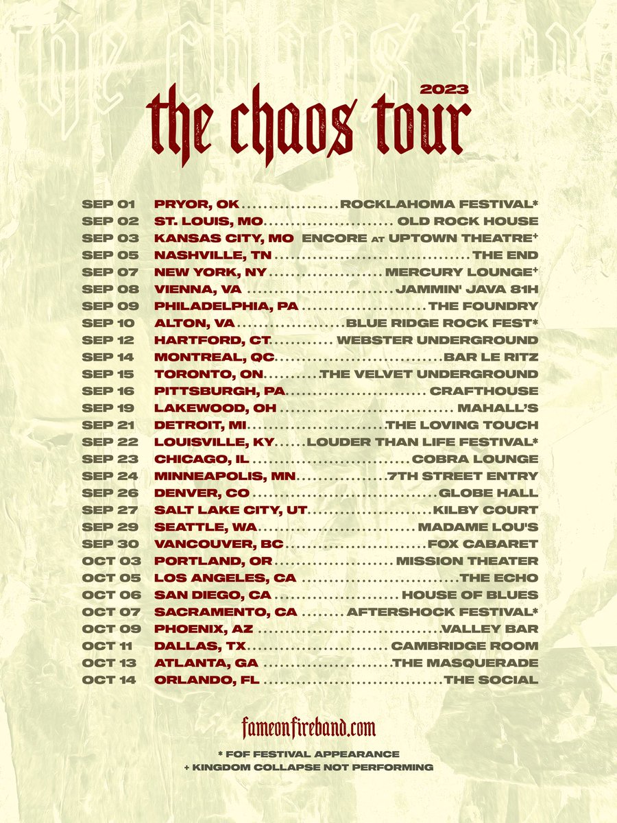 💥 “The Chaos Tour” 💥 We’re extremely excited to be heading out this fall with @fameonfire on the “Chaos” Tour! Gonna be seeing a lot of you 🇺🇸 as well as Canada 🇨🇦 for the first time! 🎉 Tickets available Friday @ 10am at kingdomcollapse.com 🔥