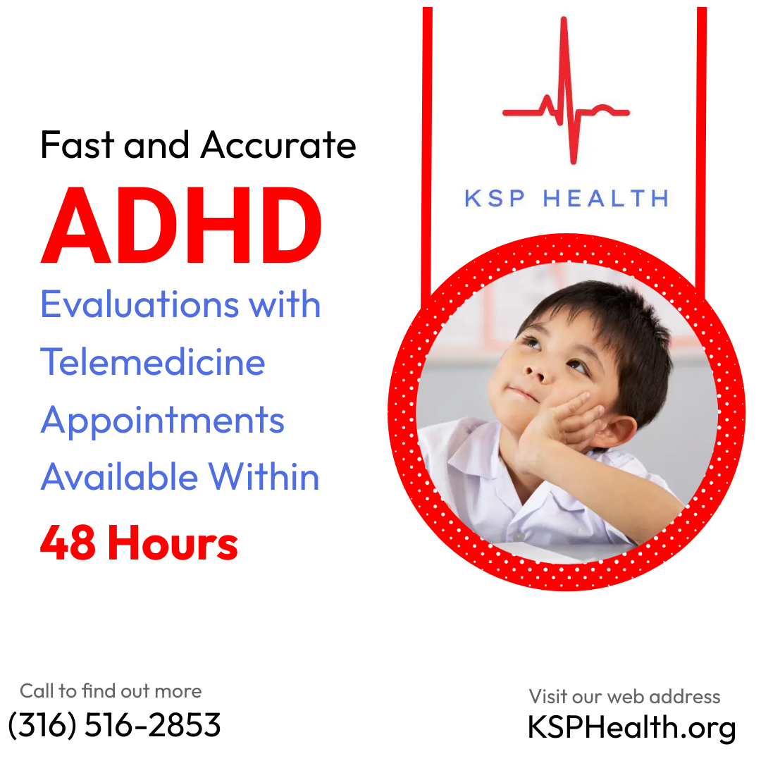 Get an accurate diagnosis for your child's ADHD with KSP Health. Our telemedicine appointments let you get a response within 48 hours.

⌚ Get an ADHD Evaluation Now
📞 316-516-2853
🌐 ksphealth.org/adhd-in-childr…

#adhd #adhdadult #ksphealth #adhdchild #mentalhealthawareness  #Kansas